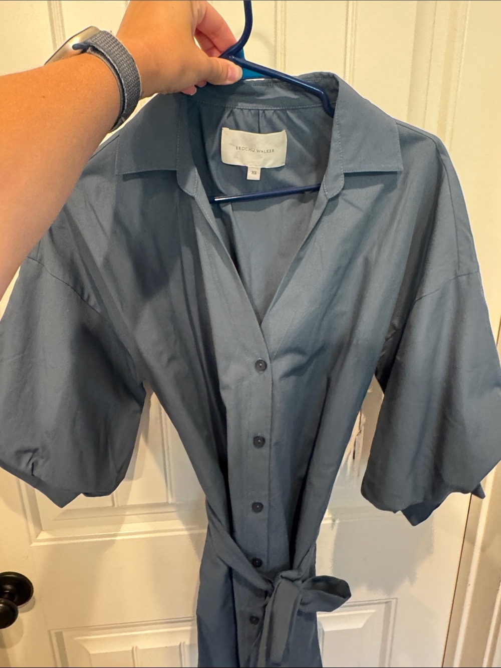 Brochu Walker Blue Cotton Button-Down Shirt Dress with Tie Waist